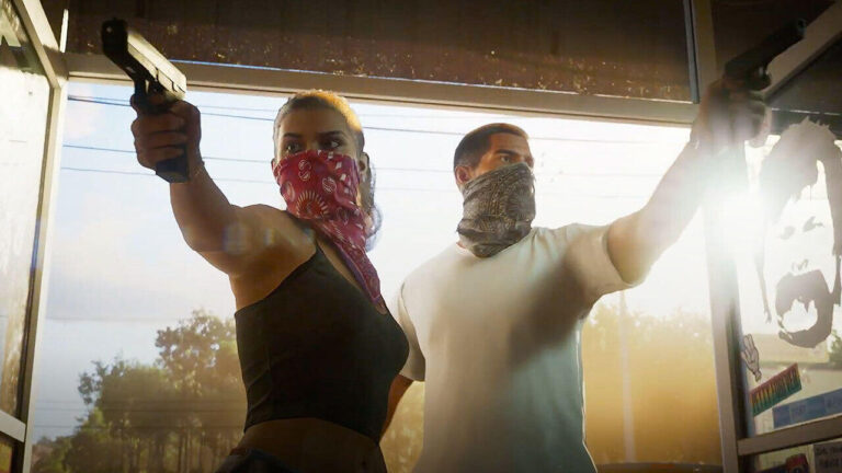 שתי דמויות גבר ואישה במשחק GTA 6 שולפים אקדח