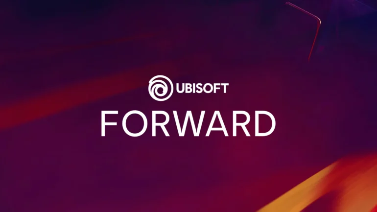הלוגו של Ubisoft Forward על רקע בורדו